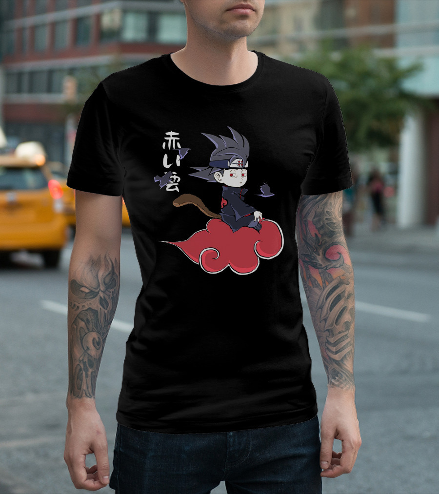 Itachi Uchiha Akatsuki Riding Red Cloud with Kanji and Purple Crows T-Shirt