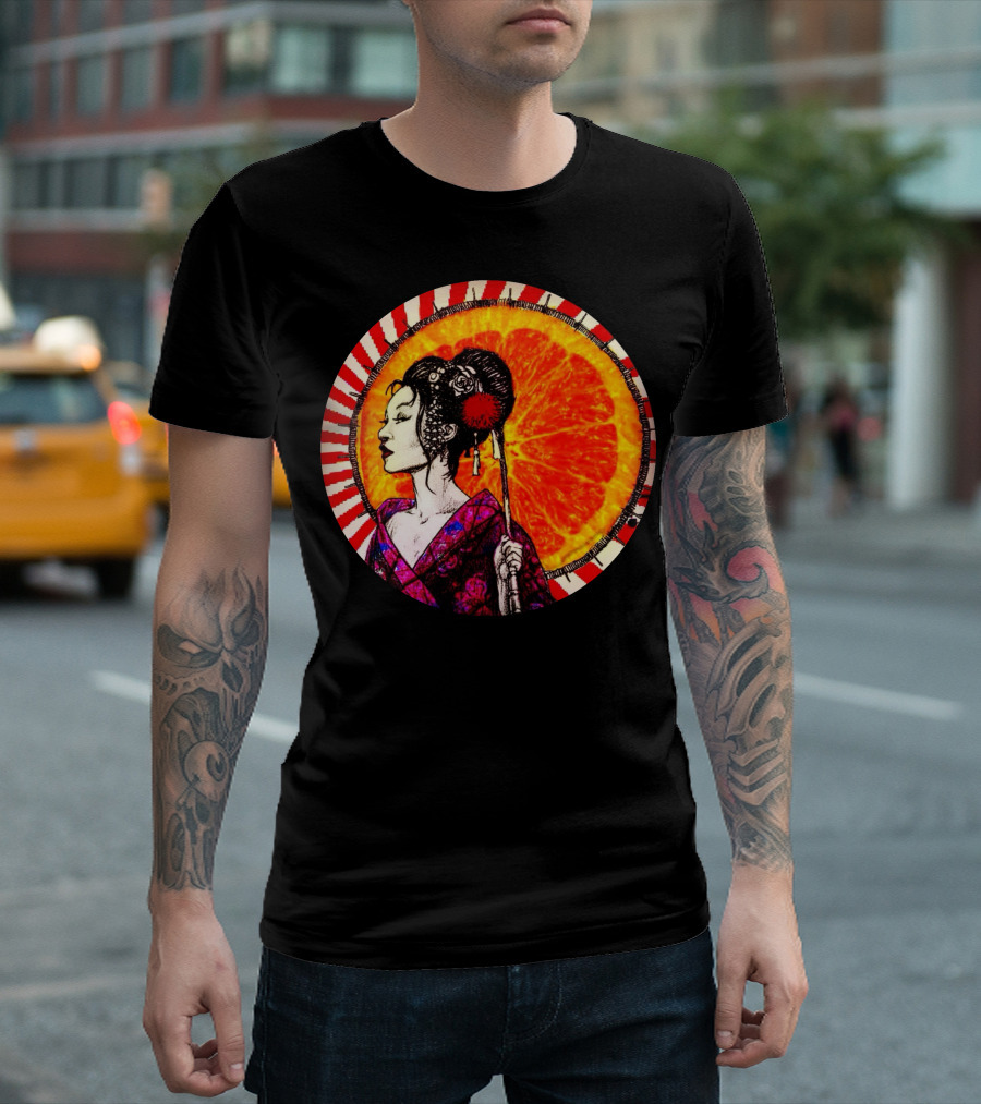 Japanese Girl with Kimono and Umbrella Against Orange Sunburst Circle T-Shirt