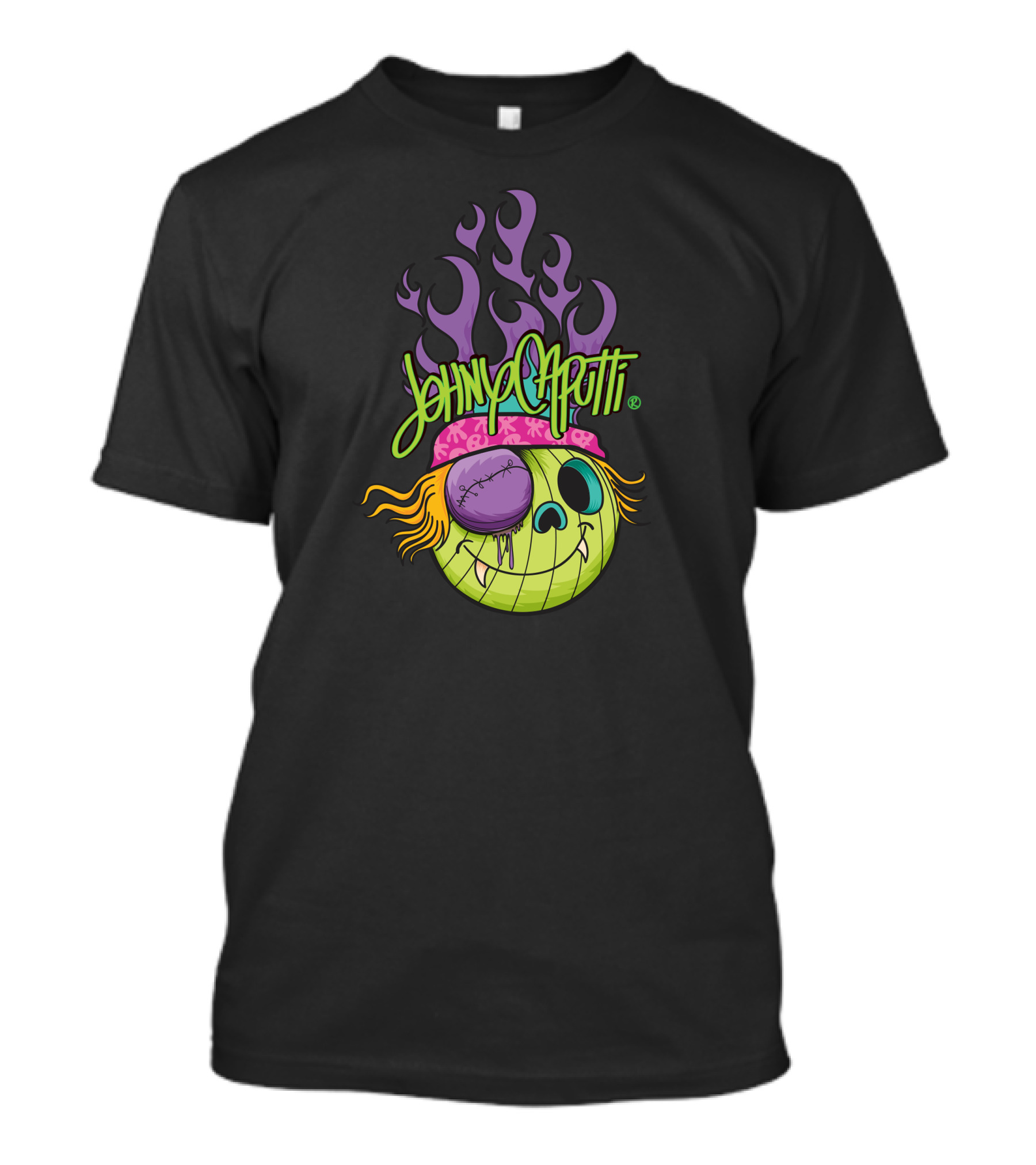 Johny Caputti Skull With Purple Flames And Patchwork Eyepatch T-Shirt