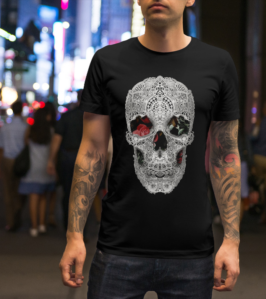 Lace Skull With Floral Roses T-Shirt