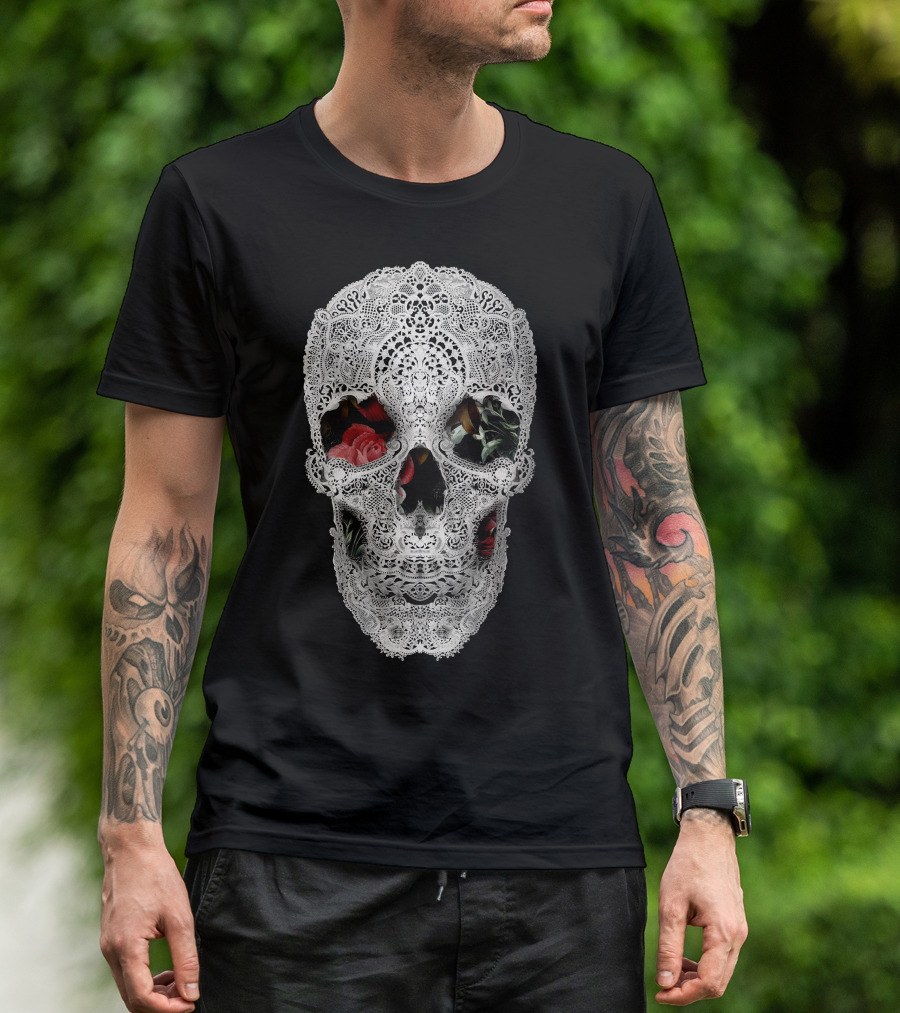 Lace Skull With Floral Roses T-Shirt