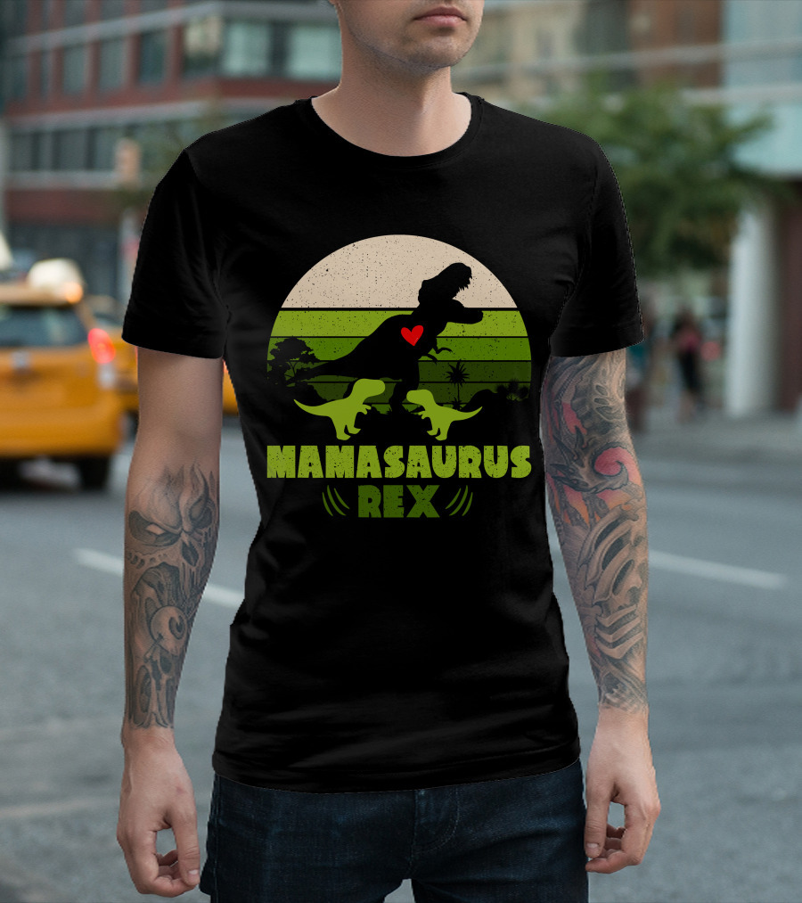 Mamasaurus Rex Silhouette With Heart And Baby Dinosaurs In Green Circle T-Shirt
