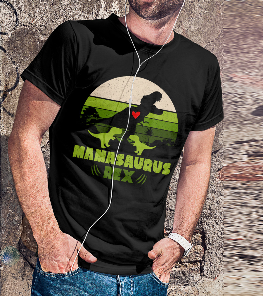 Mamasaurus Rex Silhouette With Heart And Baby Dinosaurs In Green Circle T-Shirt