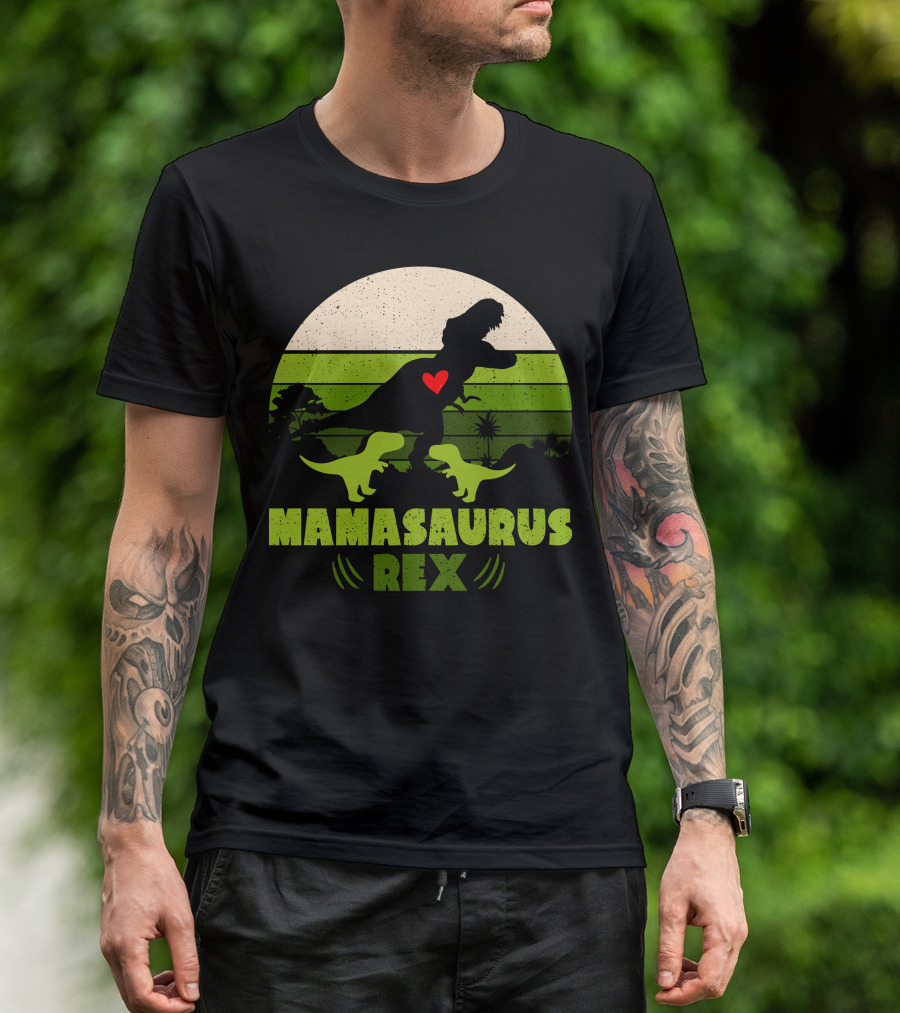 Mamasaurus Rex Silhouette With Heart And Baby Dinosaurs In Green Circle T-Shirt