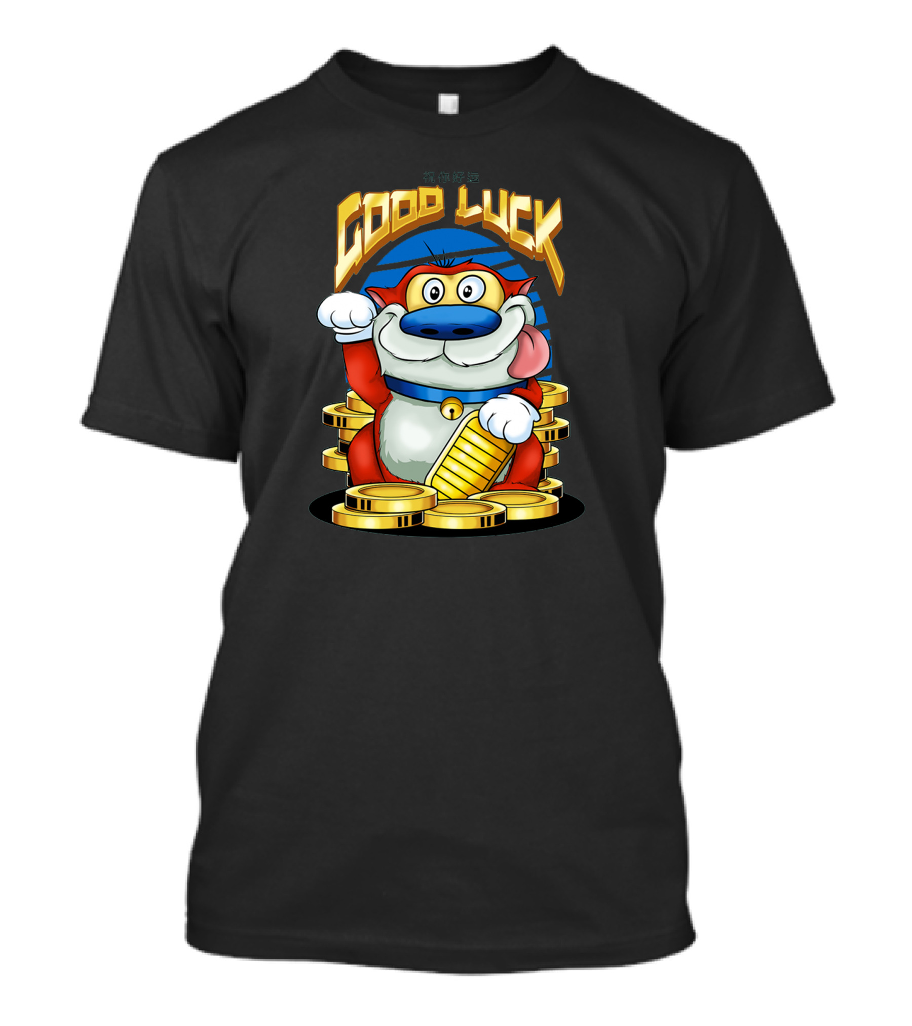 Good Luck Maneki Neko Stimpy Coin Stack T-Shirt