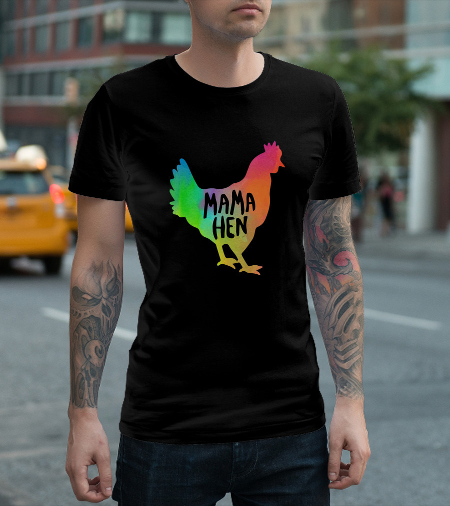 MAMA HEN Mens Rainbow Rooster T-Shirt