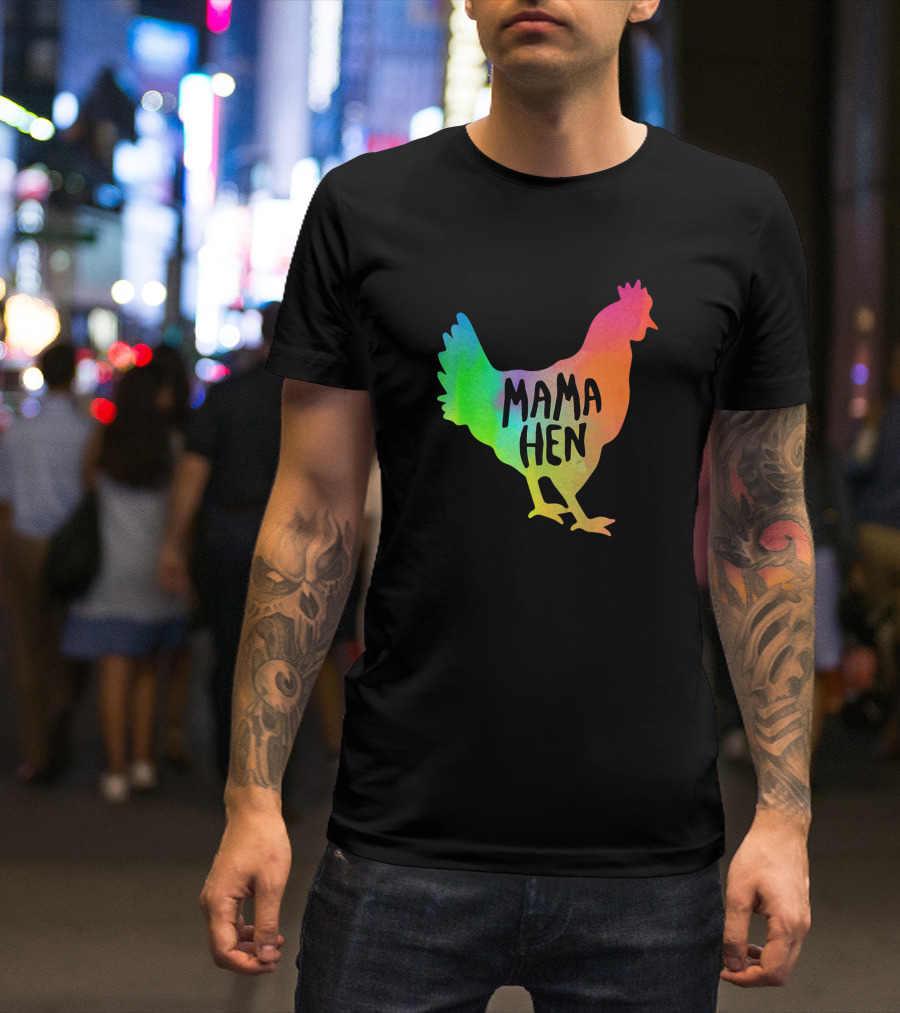 MAMA HEN Mens Rainbow Rooster T-Shirt