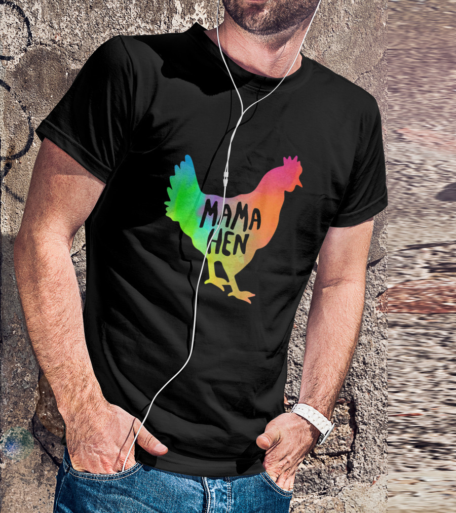 MAMA HEN Mens Rainbow Rooster T-Shirt