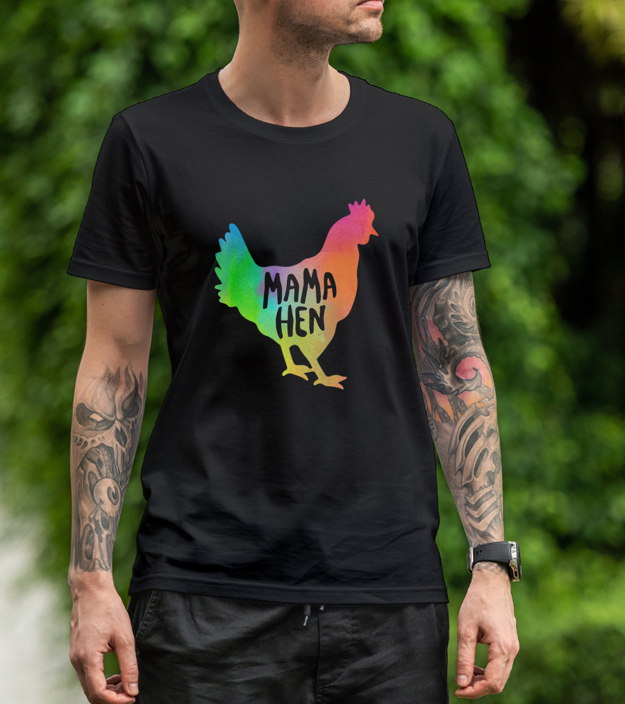 MAMA HEN Mens Rainbow Rooster T-Shirt