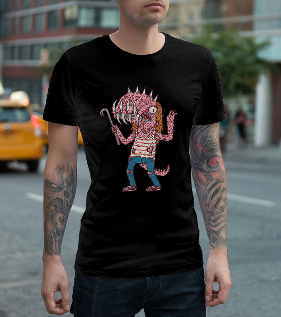 Monsterface Strange Creature with Spiked Head and Striped T-Shirt
