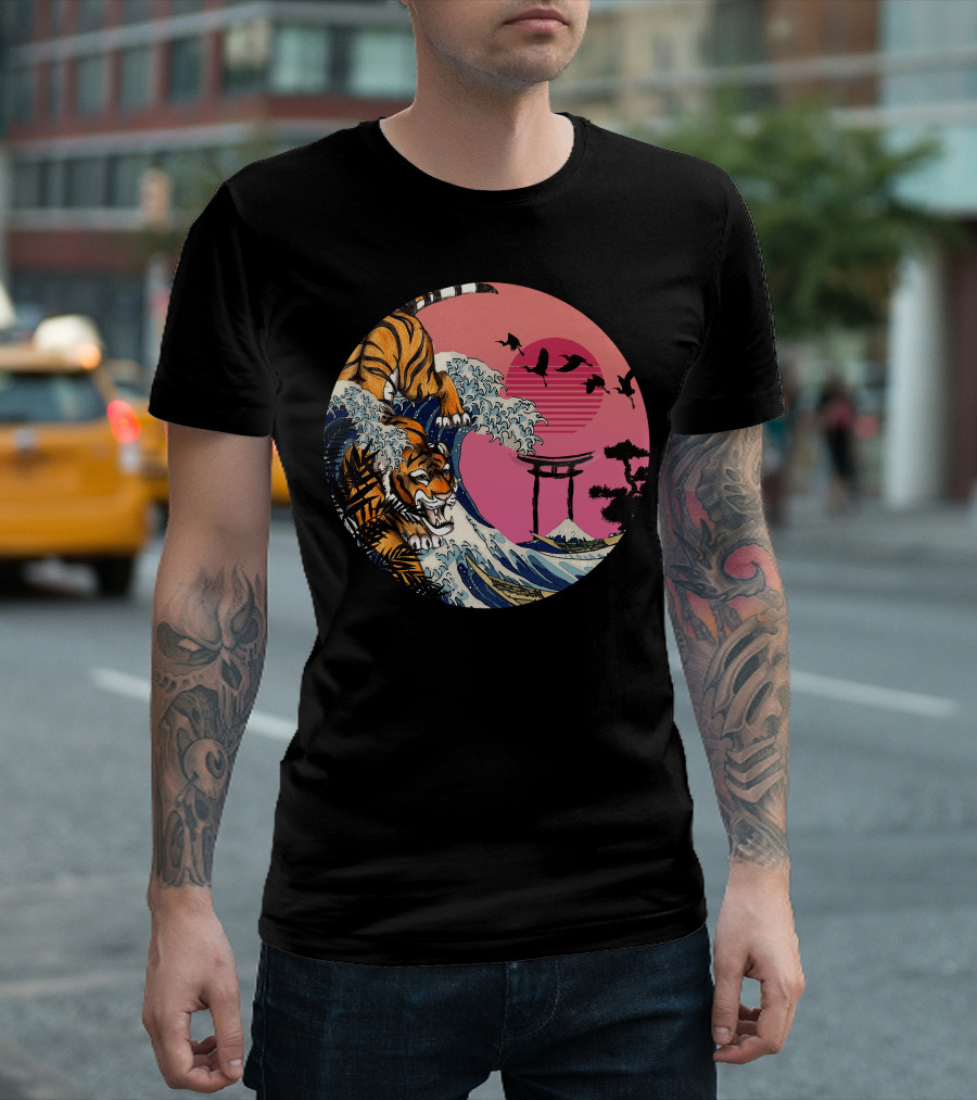 Rad Tiger Wave Sunset with Torii Gate and Birds T-Shirt