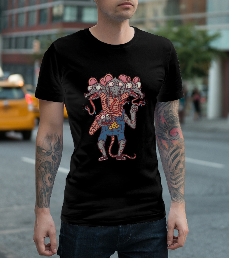 Rat Snake Multi-Headed Rat Creature with Cheese and Serpentine Tongues T-Shirt
