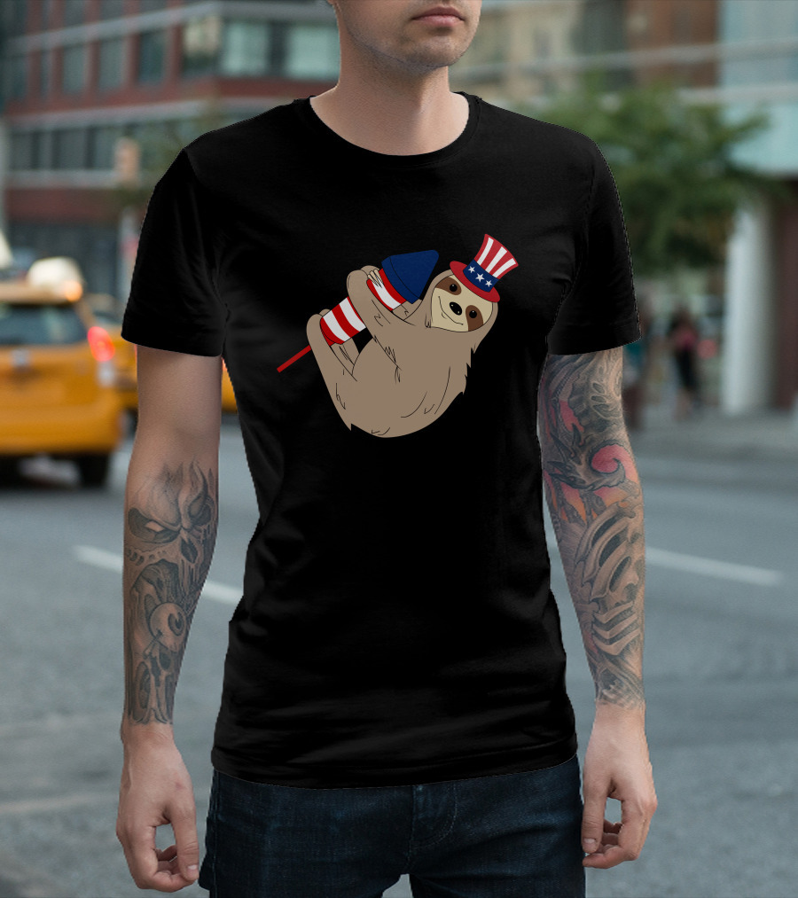 Rocket Firecracker Sloth Uncle Sam Hat American Flag 4th July T-Shirt