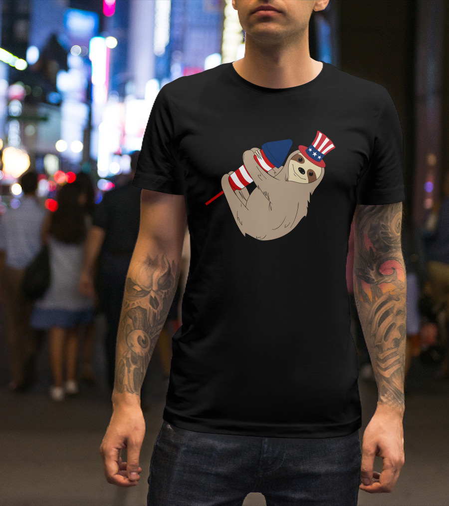 Rocket Firecracker Sloth Uncle Sam Hat American Flag 4th July T-Shirt