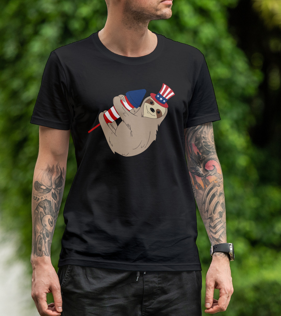 Rocket Firecracker Sloth Uncle Sam Hat American Flag 4th July T-Shirt