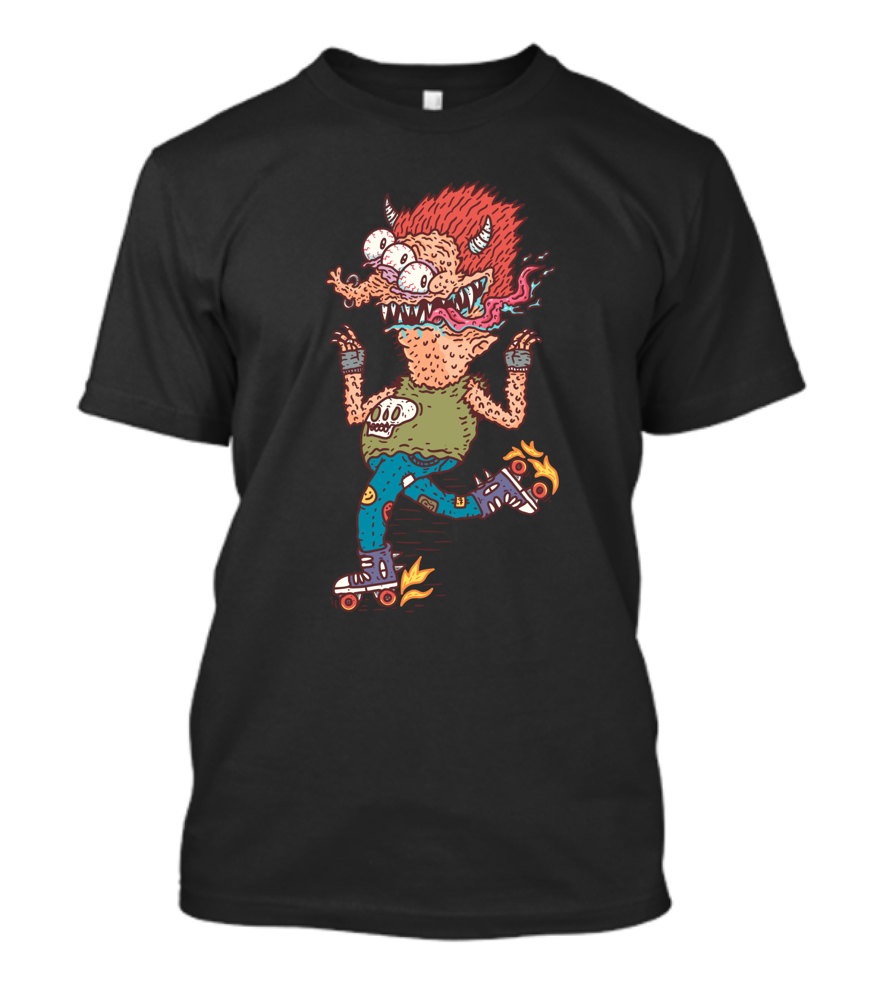 Rollerskater Monster With Fiery Hair And Skulls T-Shirt