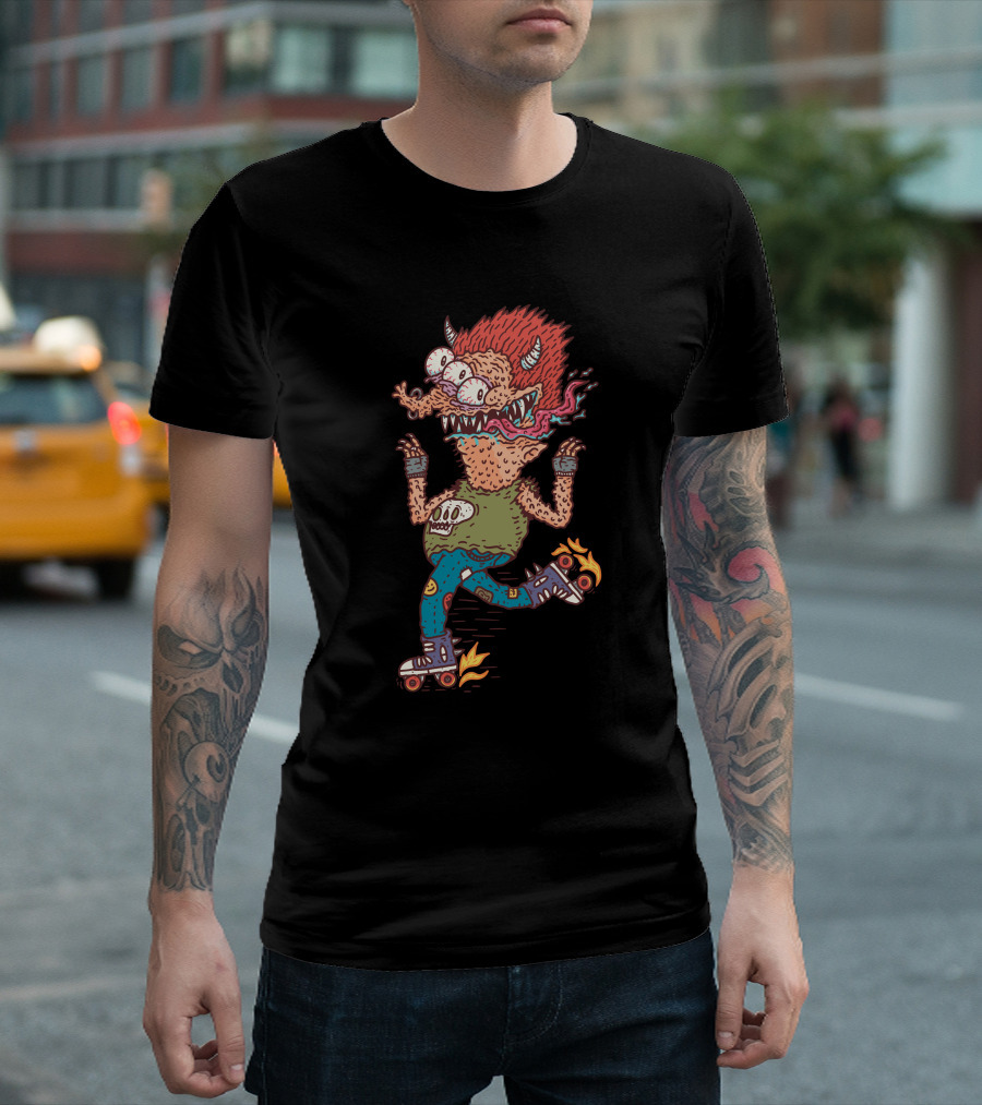 Rollerskater Monster With Fiery Hair And Skulls T-Shirt