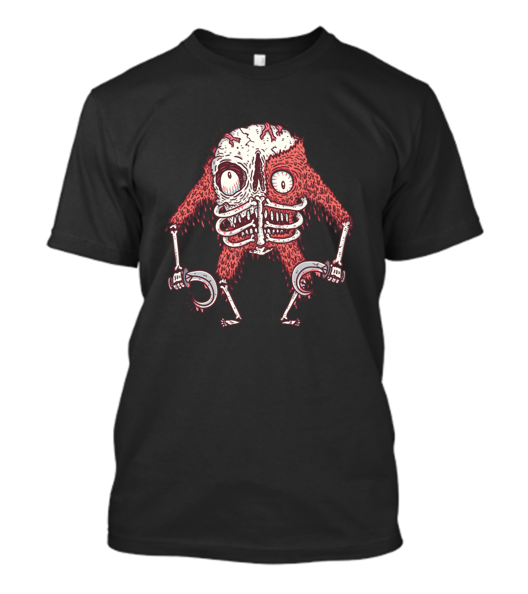 Skulley Monster With Skeleton Body And Fuzzy Red Fur Holding Hooks T-Shirt