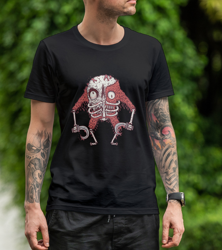 Skulley Monster With Skeleton Body And Fuzzy Red Fur Holding Hooks T-Shirt