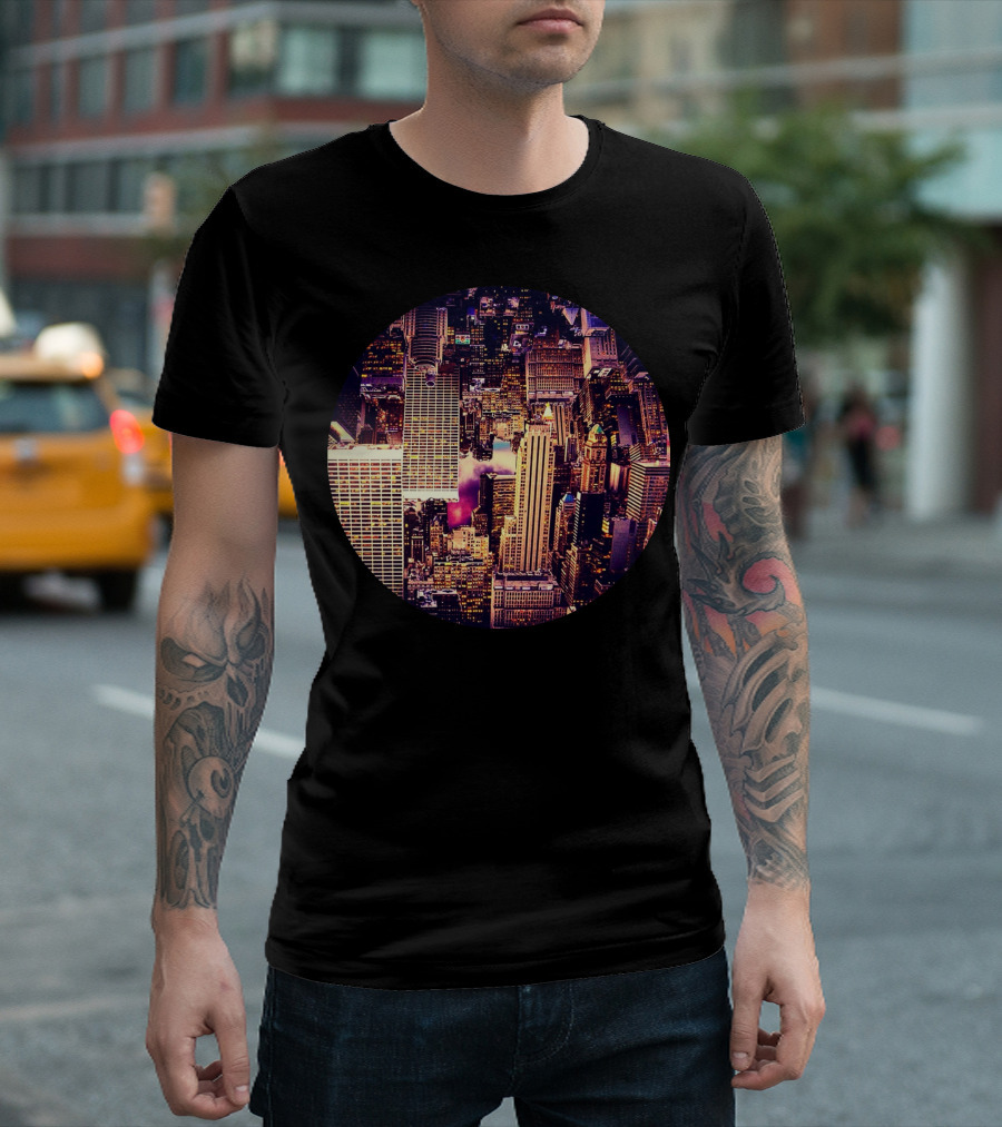 Upside Down New York City Skyline in Circular Perspective T-Shirt