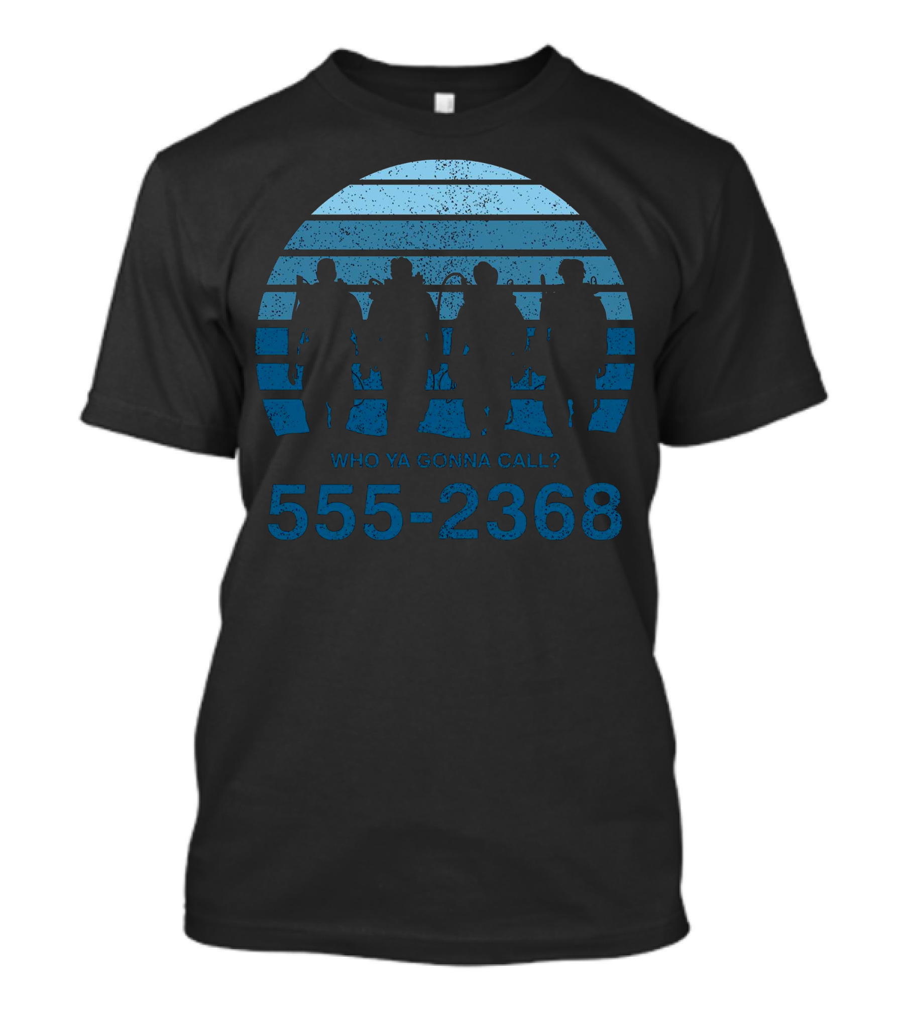 Who Ya Gonna Call 555-2368 Silhouettes Against Striped Blue Sunset T-Shirt