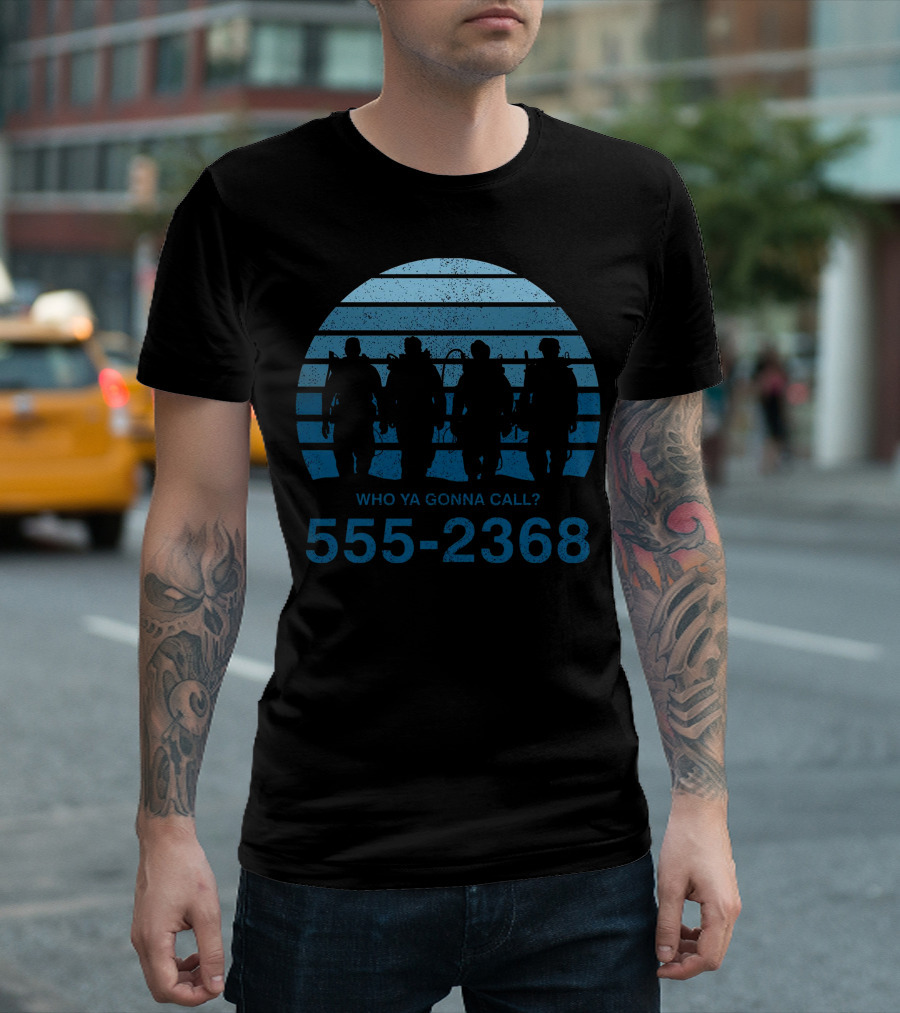 Who Ya Gonna Call 555-2368 Silhouettes Against Striped Blue Sunset T-Shirt