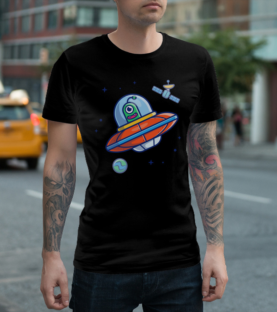 Alien Spaceship In Outer Space With Planet And Satellite T-Shirt