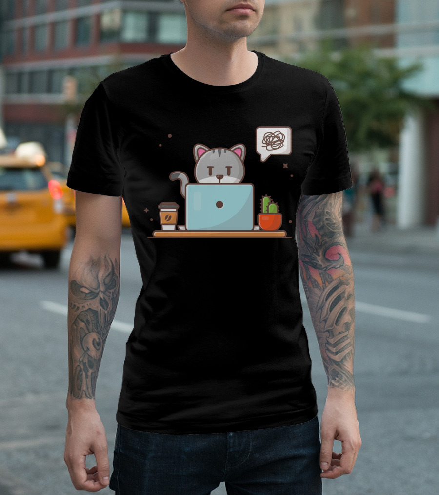 Angry Cat Frustrated Laptop Work Coffee Cactus T-Shirt