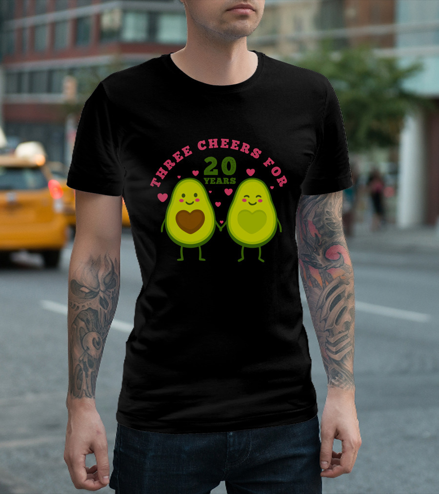 Three Cheers For 20 Years Avocado Hearts Anniversary T-Shirt