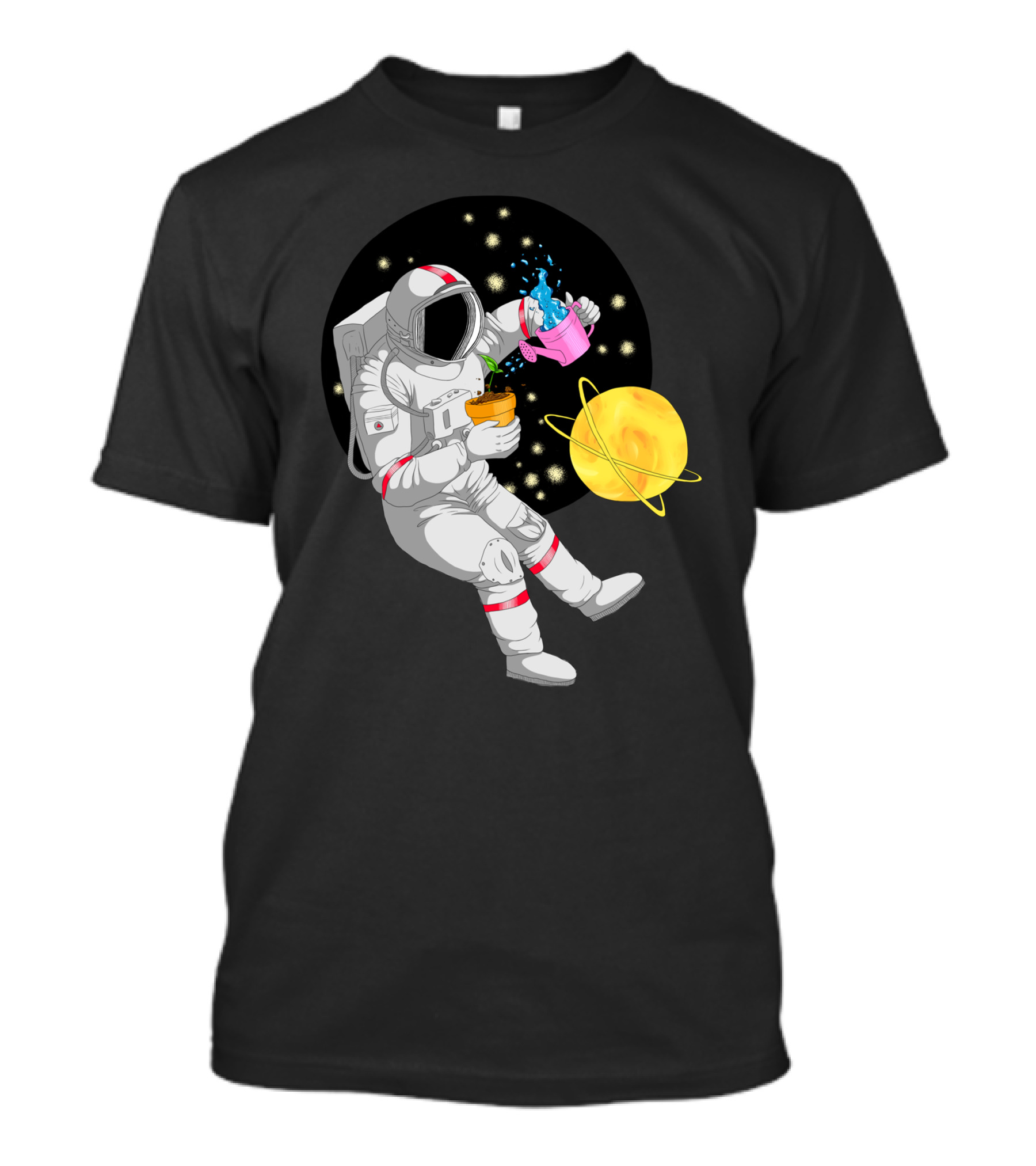 Astronaut Watering Plants In Outer Space With Cosmic Starry Background T-Shirt