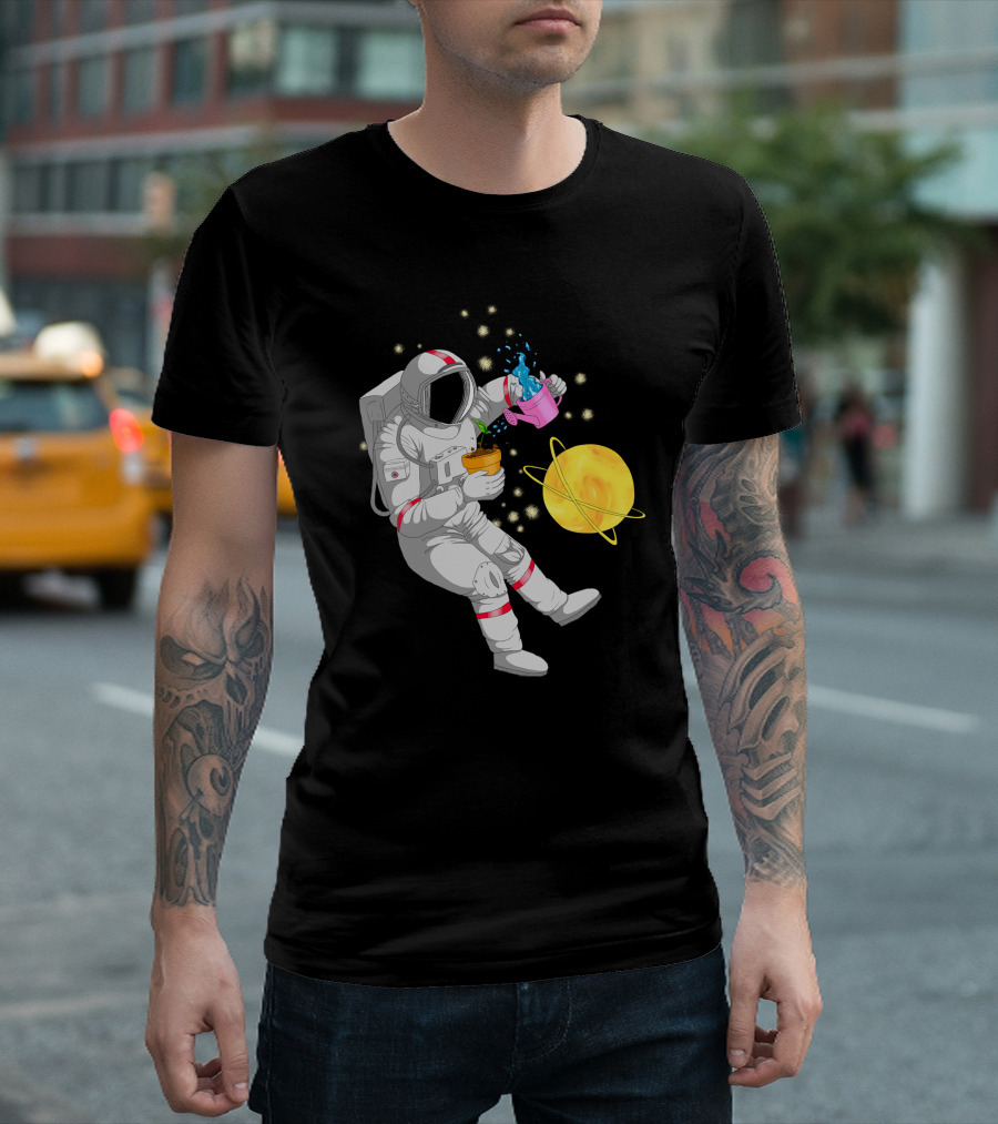 Astronaut Watering Plants In Outer Space With Cosmic Starry Background T-Shirt