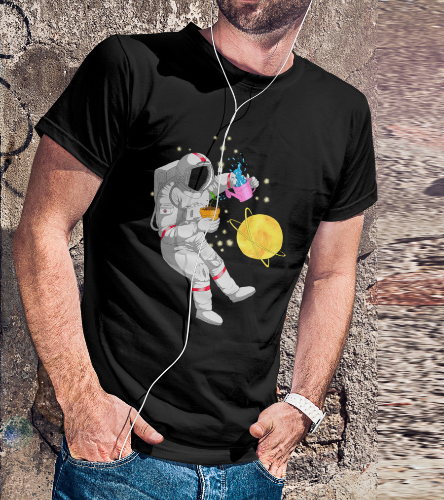 Astronaut Watering Plants In Outer Space With Cosmic Starry Background T-Shirt