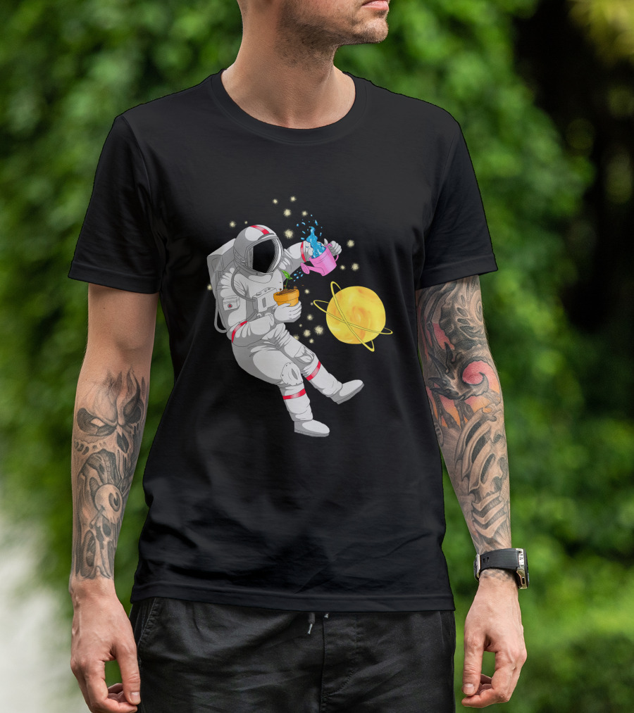 Astronaut Watering Plants In Outer Space With Cosmic Starry Background T-Shirt