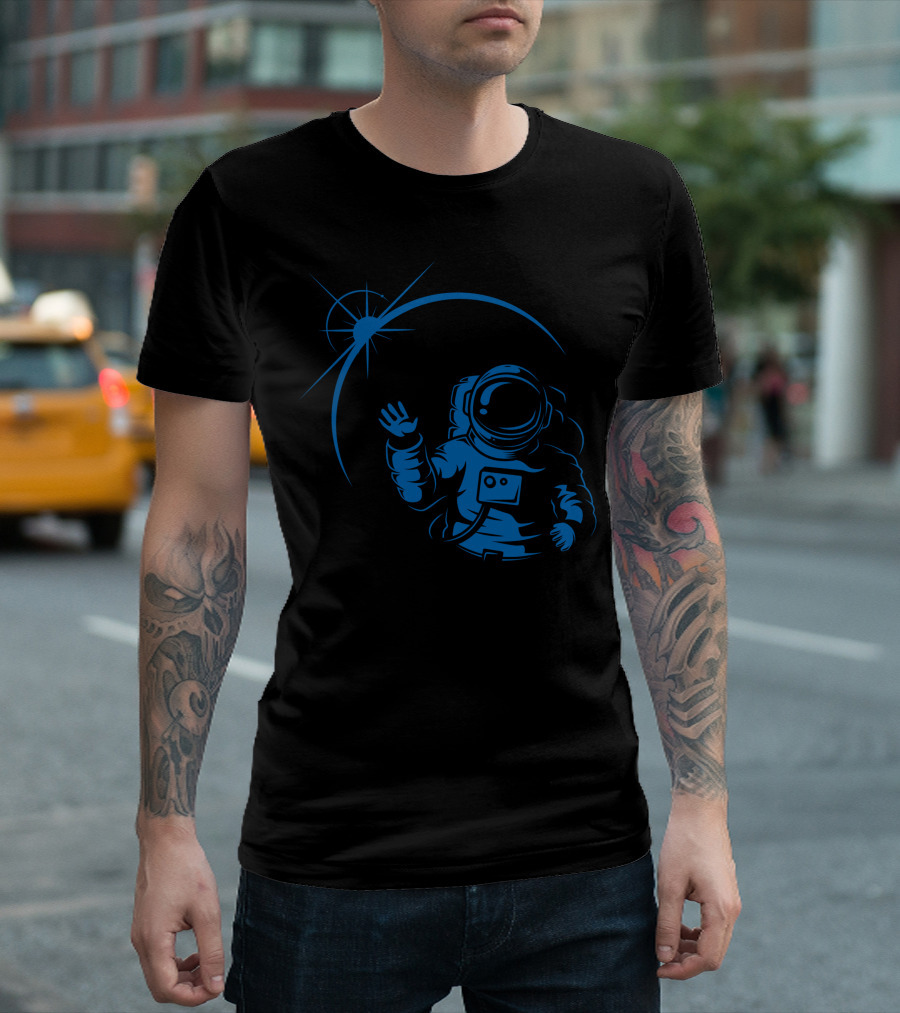 Astronaut Waving in Outer Space with Rising Sun T-Shirt