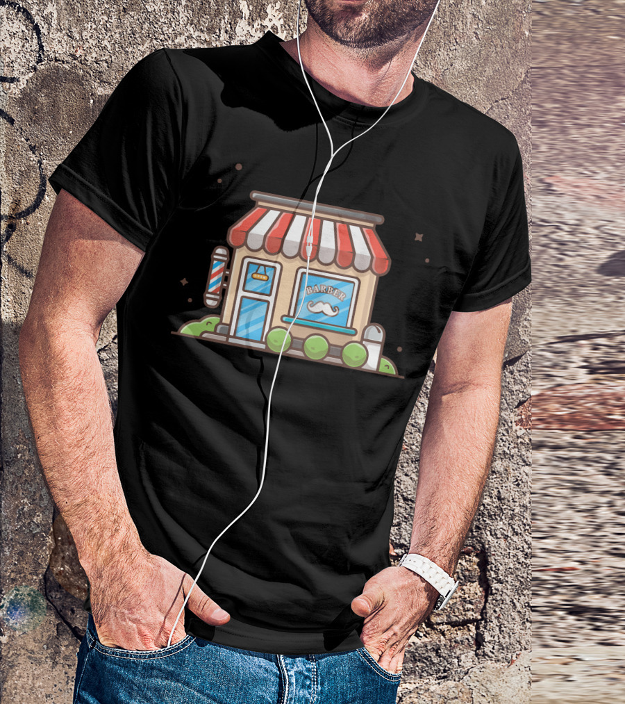 Barber Shop With Red And White Pole And Mustache Window Display With Plants T-Shirt