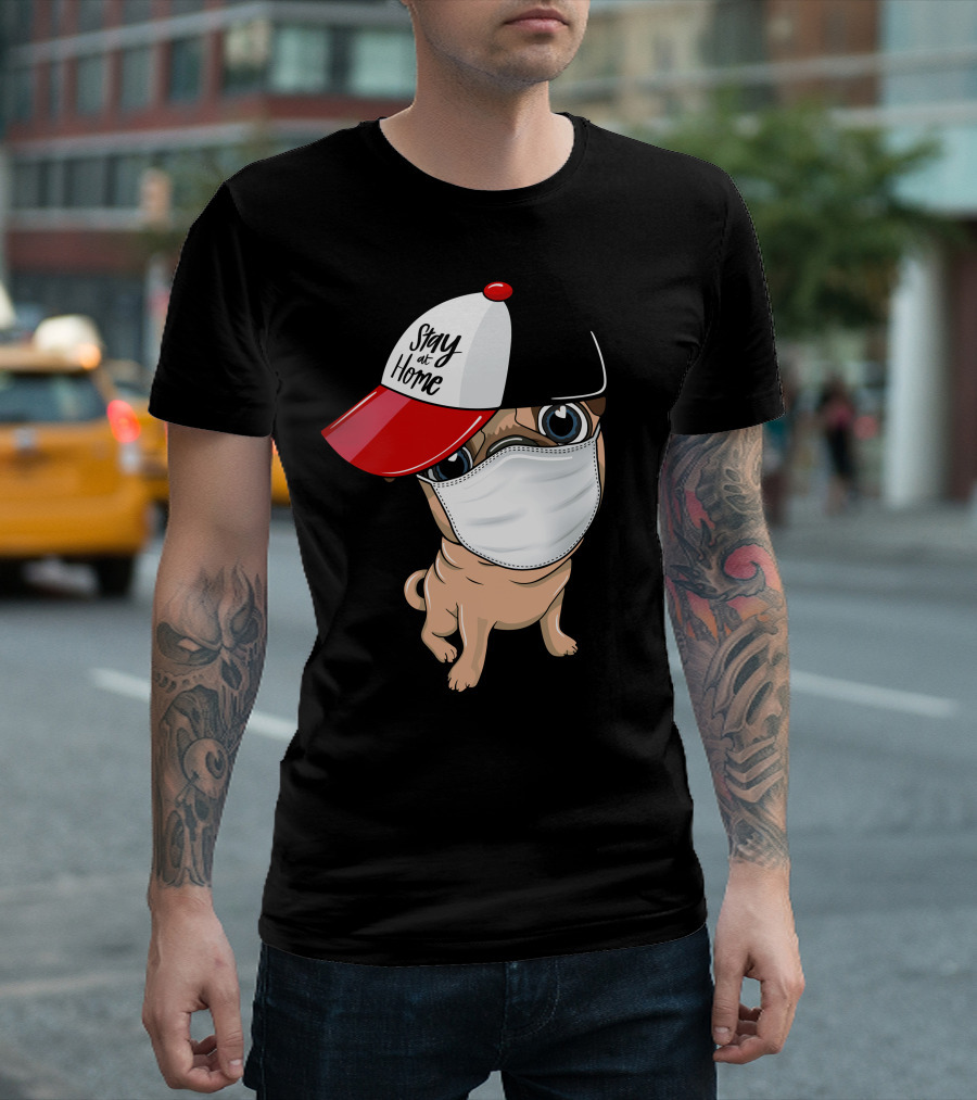 Stay At Home Masked Dog In Red And Black Cap T-Shirt