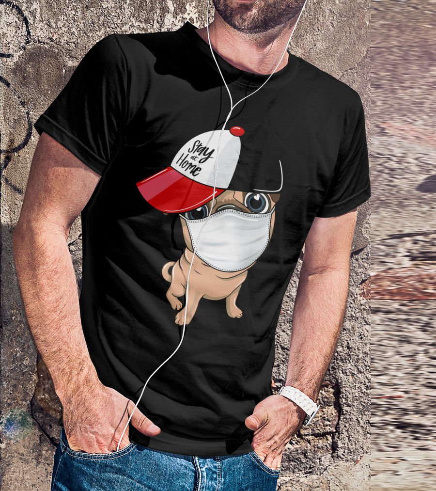 Stay At Home Masked Dog In Red And Black Cap T-Shirt