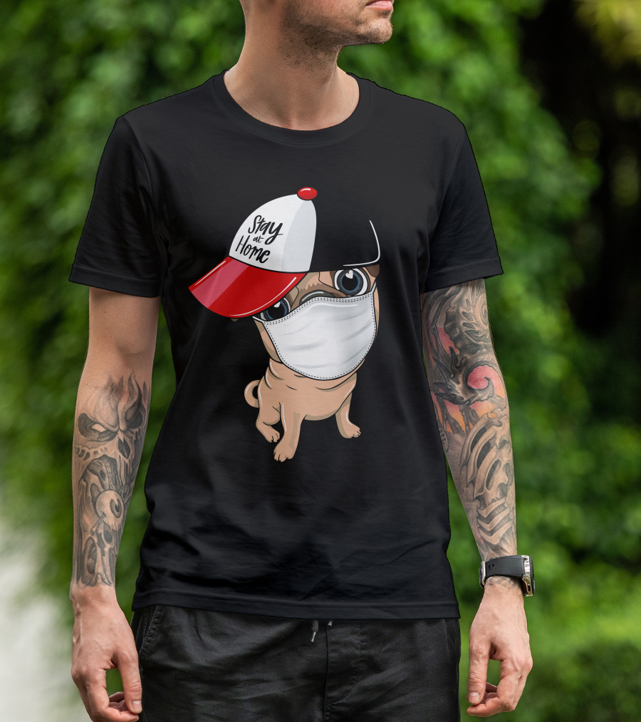 Stay At Home Masked Dog In Red And Black Cap T-Shirt