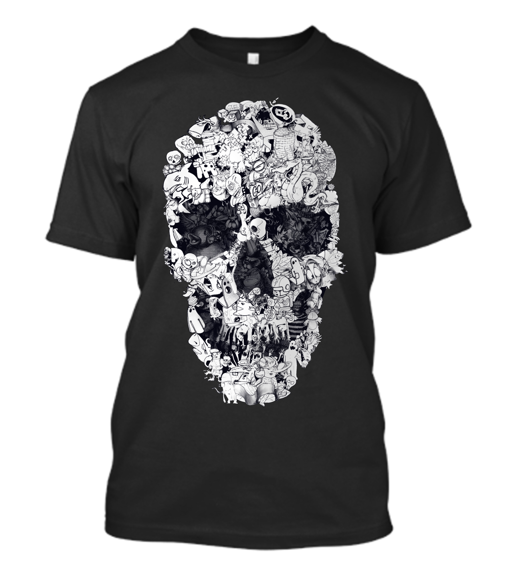 Doodle Skull Black And White Collage T-Shirt