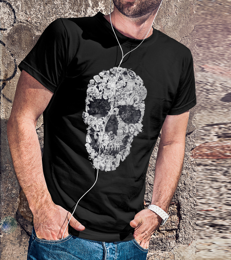 Doodle Skull Black And White Collage T-Shirt