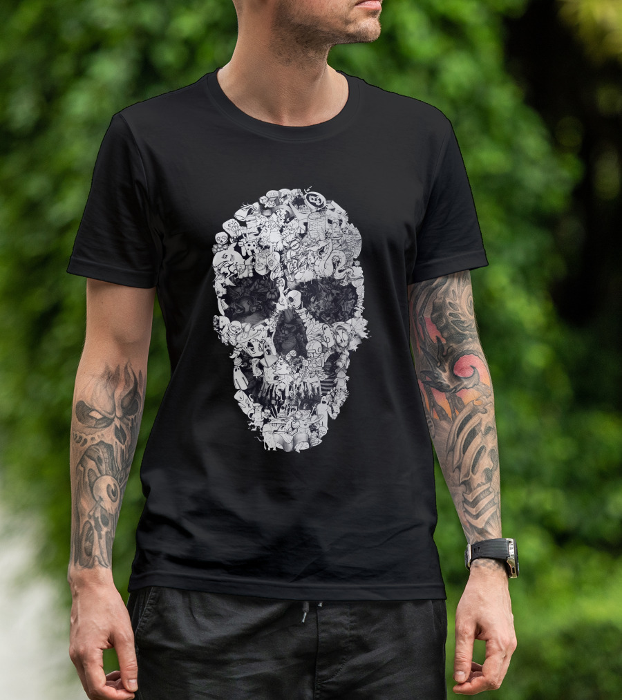 Doodle Skull Black And White Collage T-Shirt