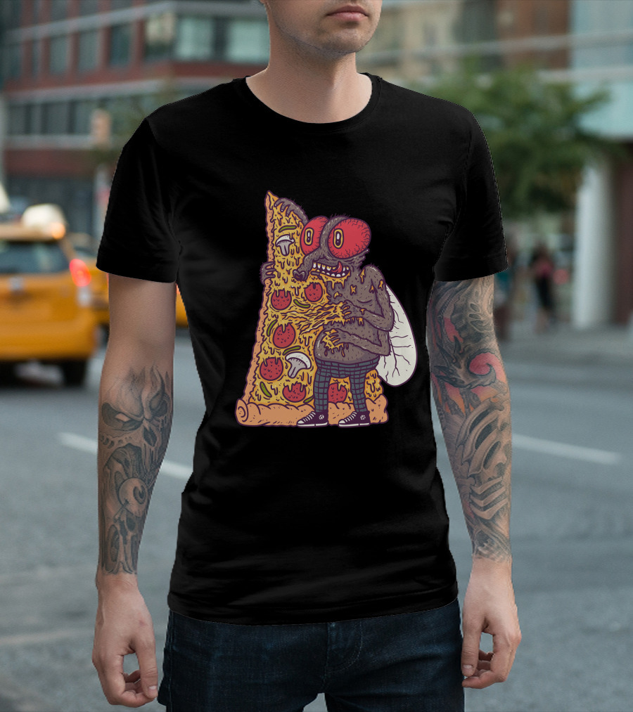 Pizza Fly Monster Hugging Cheesy Slice with Pepperoni and Mushrooms T-Shirt