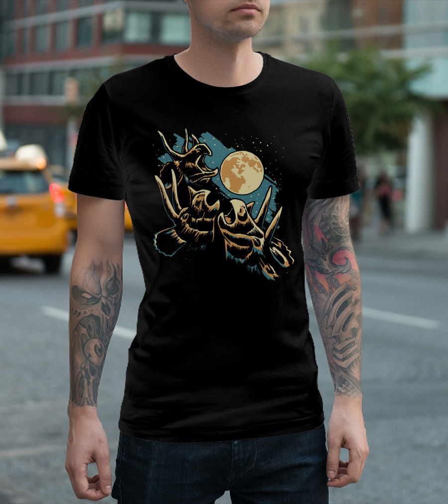 Three Triceratops Howling at Full Moon T-Shirt
