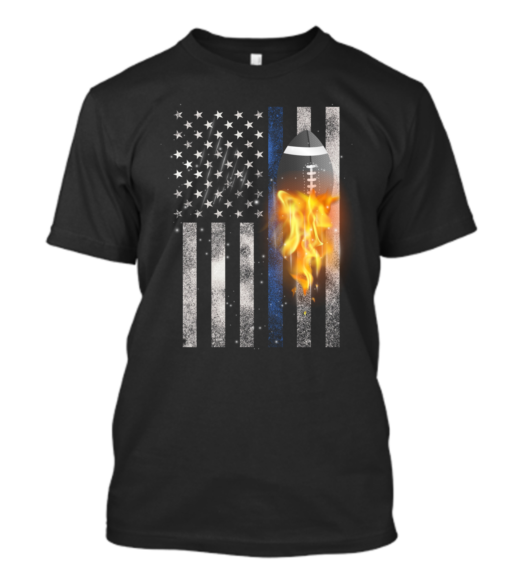 American Football Blue Line Flag With Football Flame T-Shirt