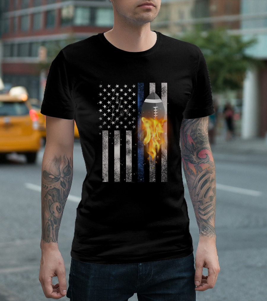 American Football Blue Line Flag With Football Flame T-Shirt
