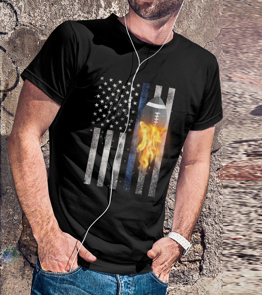 American Football Blue Line Flag With Football Flame T-Shirt