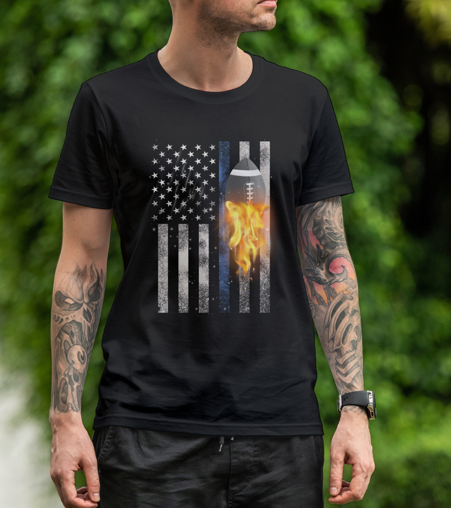 American Football Blue Line Flag With Football Flame T-Shirt
