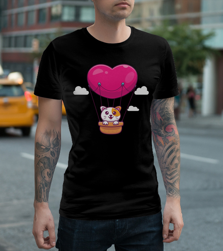 Cat in Heart Balloon with Clouds T-Shirt