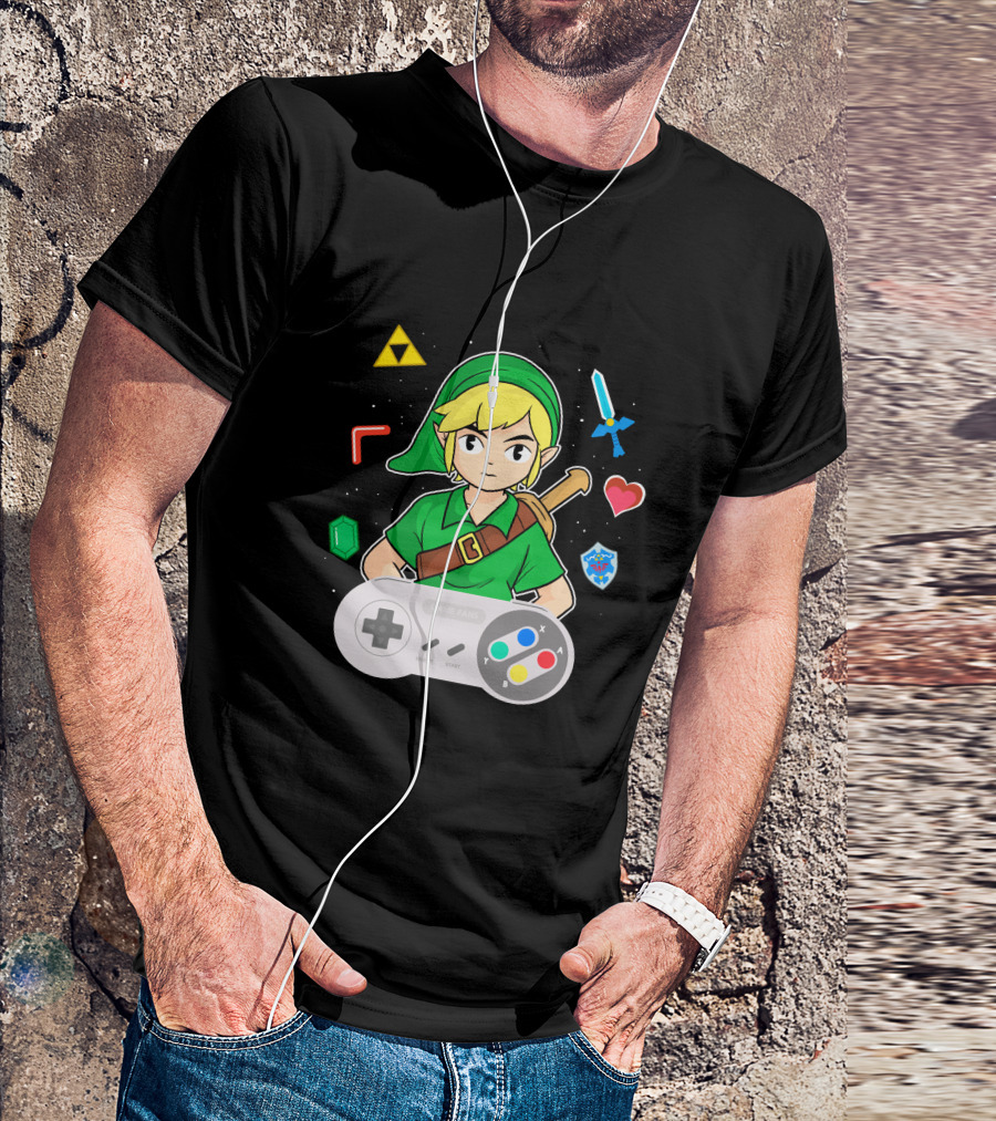 Link Console Adventure With Triforce Sword Heart Shield And Retro Controller T-Shirt