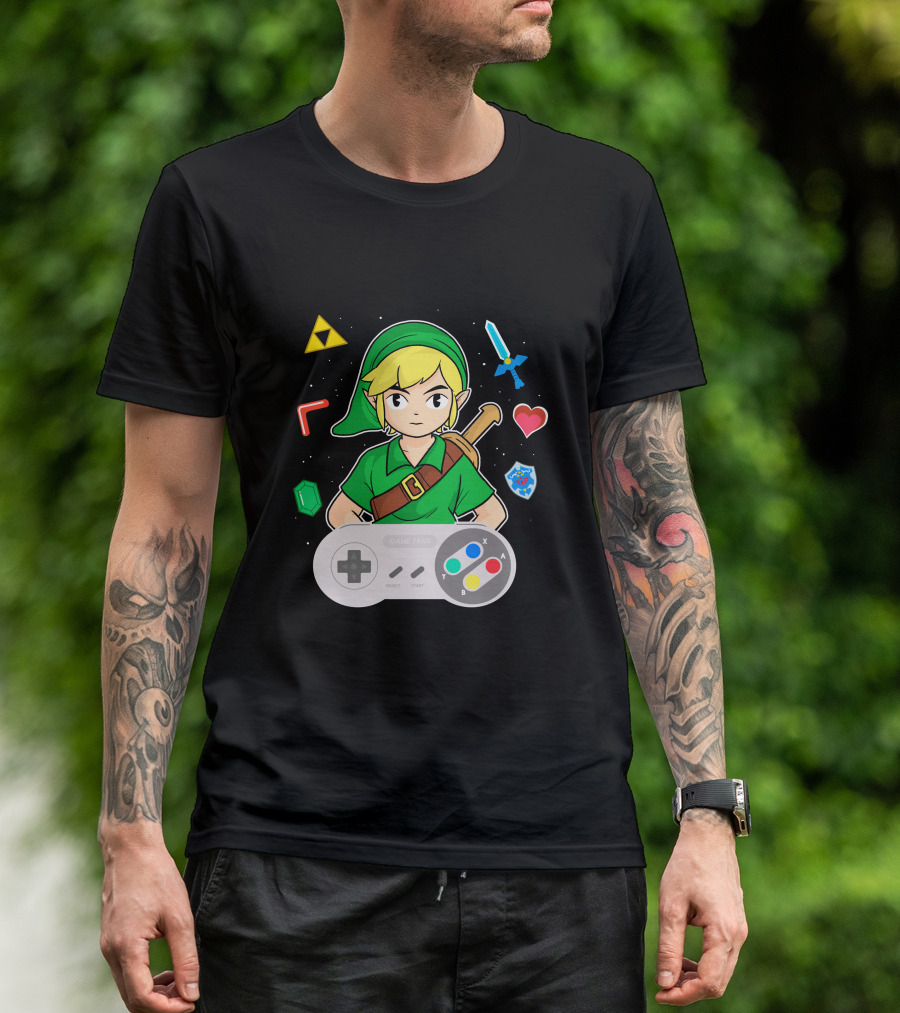 Link Console Adventure With Triforce Sword Heart Shield And Retro Controller T-Shirt